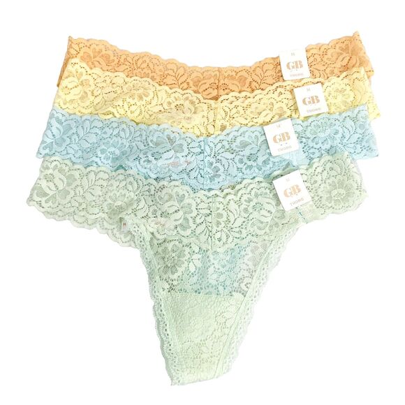 GB Thong Juniors Women M Nylon Lace Multicolor Pastel Set of 4 Romantic Sexy NWT - Picture 1 of 8